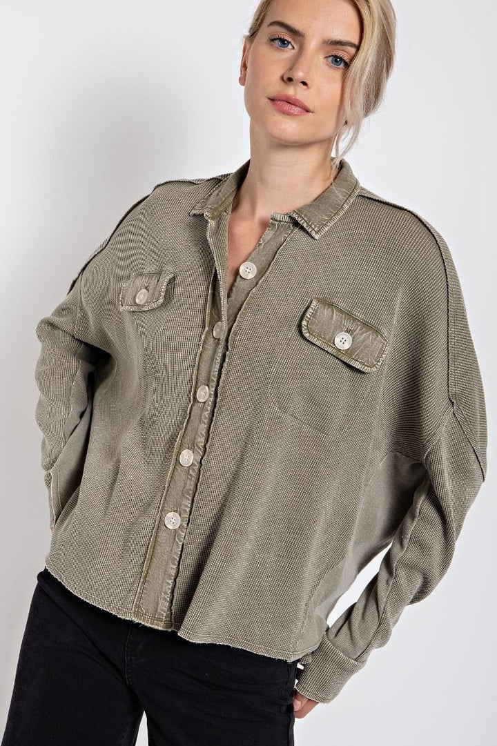 Easel Long Sleeve Mineral Washed Thermal Button Down Shirt