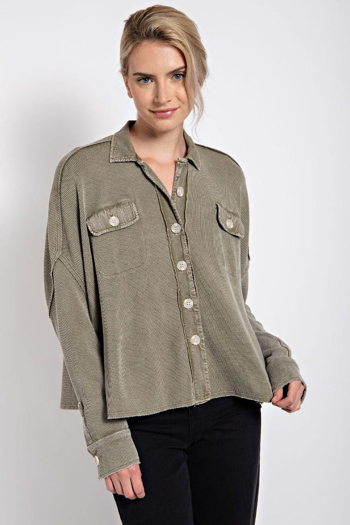 Easel Long Sleeve Mineral Washed Thermal Button Down Shirt