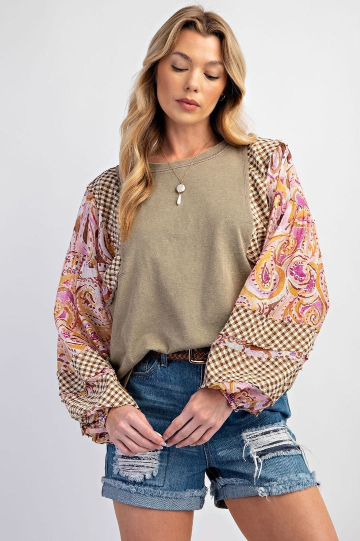 Easel Long Sleeve Mix Print Mineral Washed Top