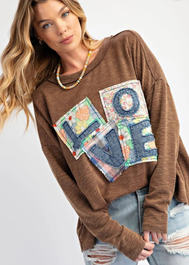 Easel Love Letter Patches Washed Rib Knit Long Sleeve Top