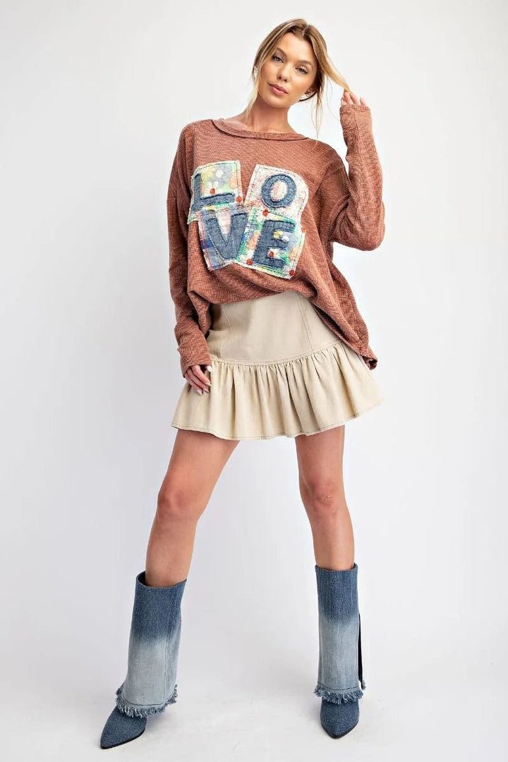 Easel Love Letter Patches Washed Rib Knit Long Sleeve Top