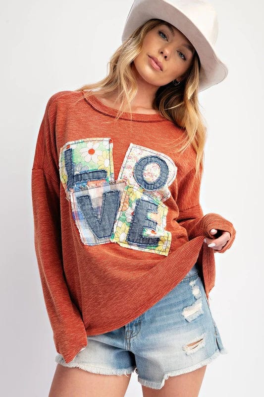 Easel Love Letter Patches Washed Rib Knit Long Sleeve Top