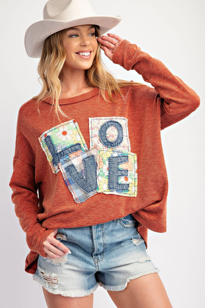 Easel Love Letter Patches Washed Rib Knit Long Sleeve Top