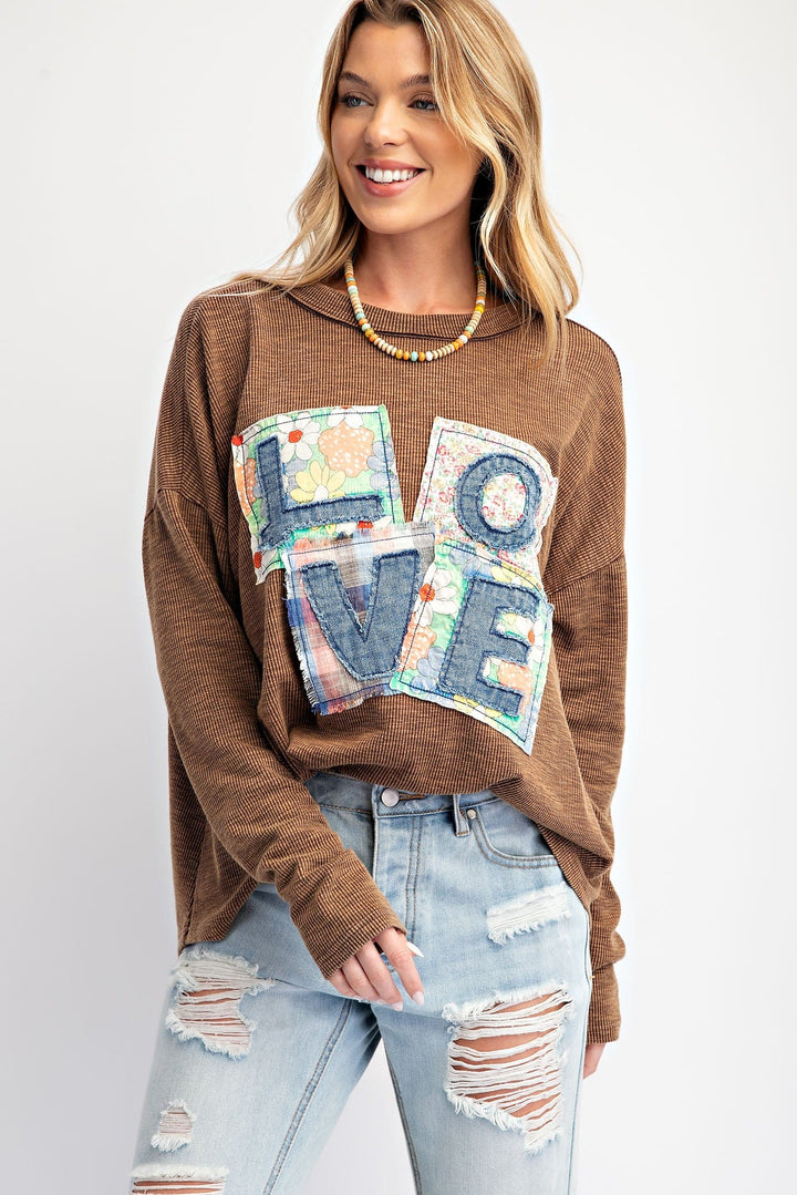 Easel Love Letter Patches Washed Rib Knit Long Sleeve Top