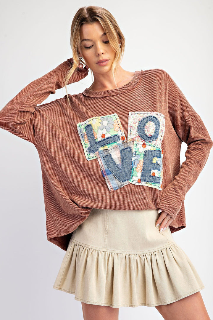 Easel Love Letter Patches Washed Rib Knit Long Sleeve Top