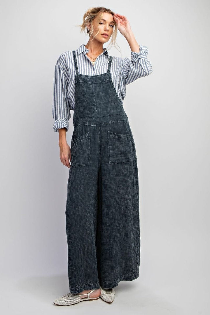 Easel Mineral Washed Cotton Gauze Wide Leg Jumpsuit