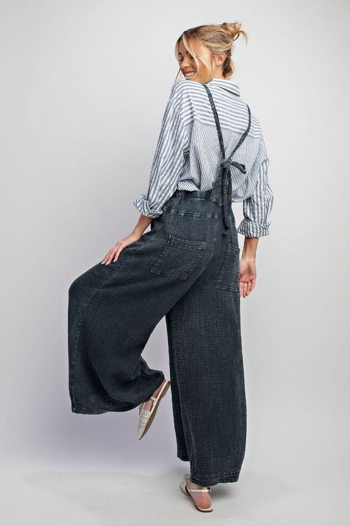 Easel Mineral Washed Cotton Gauze Wide Leg Jumpsuit