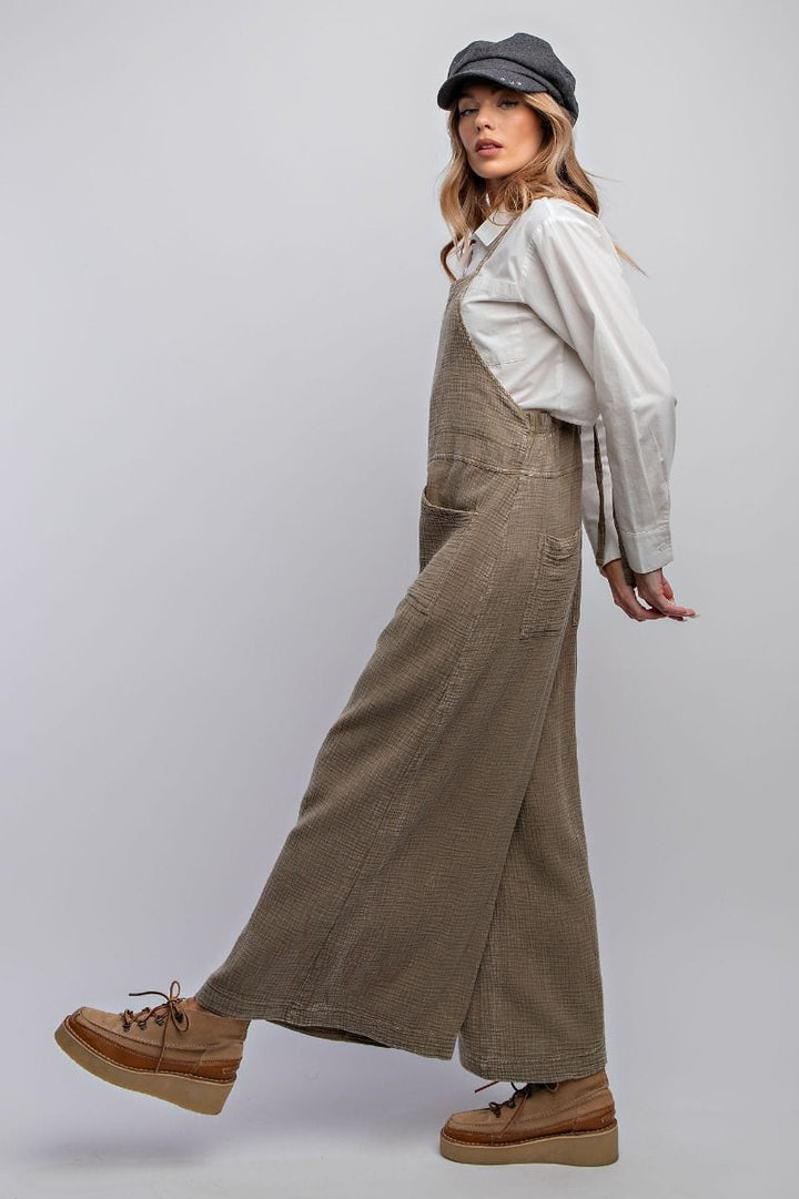 Easel Mineral Washed Cotton Gauze Wide Leg Jumpsuit