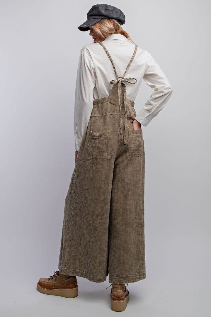 Easel Mineral Washed Cotton Gauze Wide Leg Jumpsuit