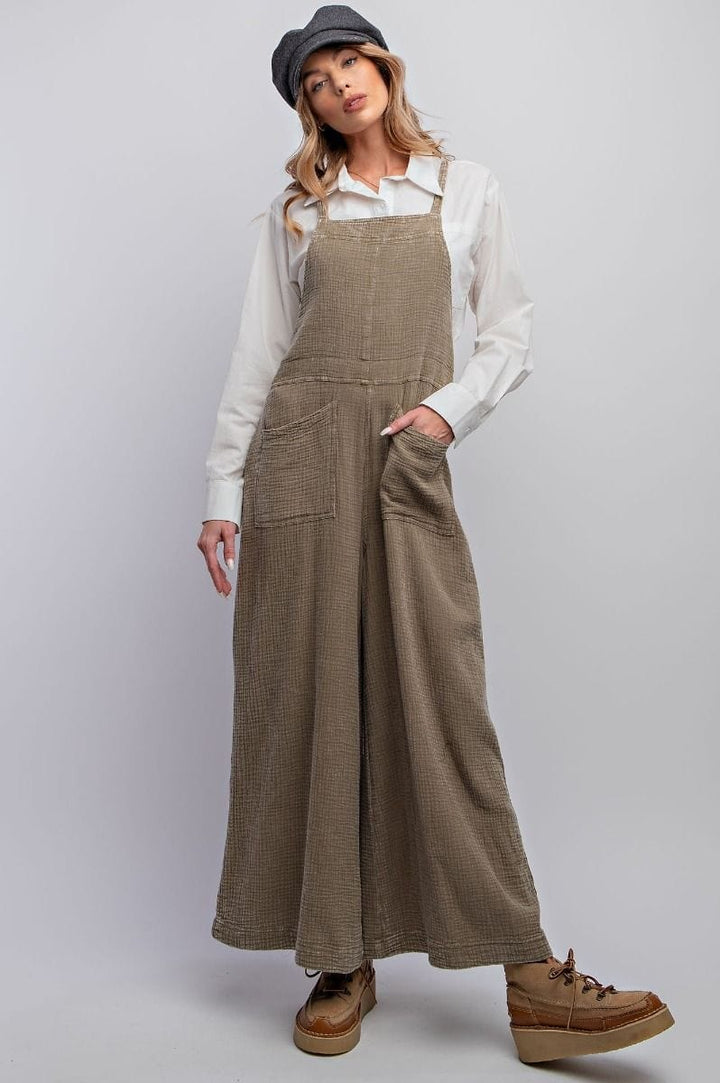 Easel Mineral Washed Cotton Gauze Wide Leg Jumpsuit