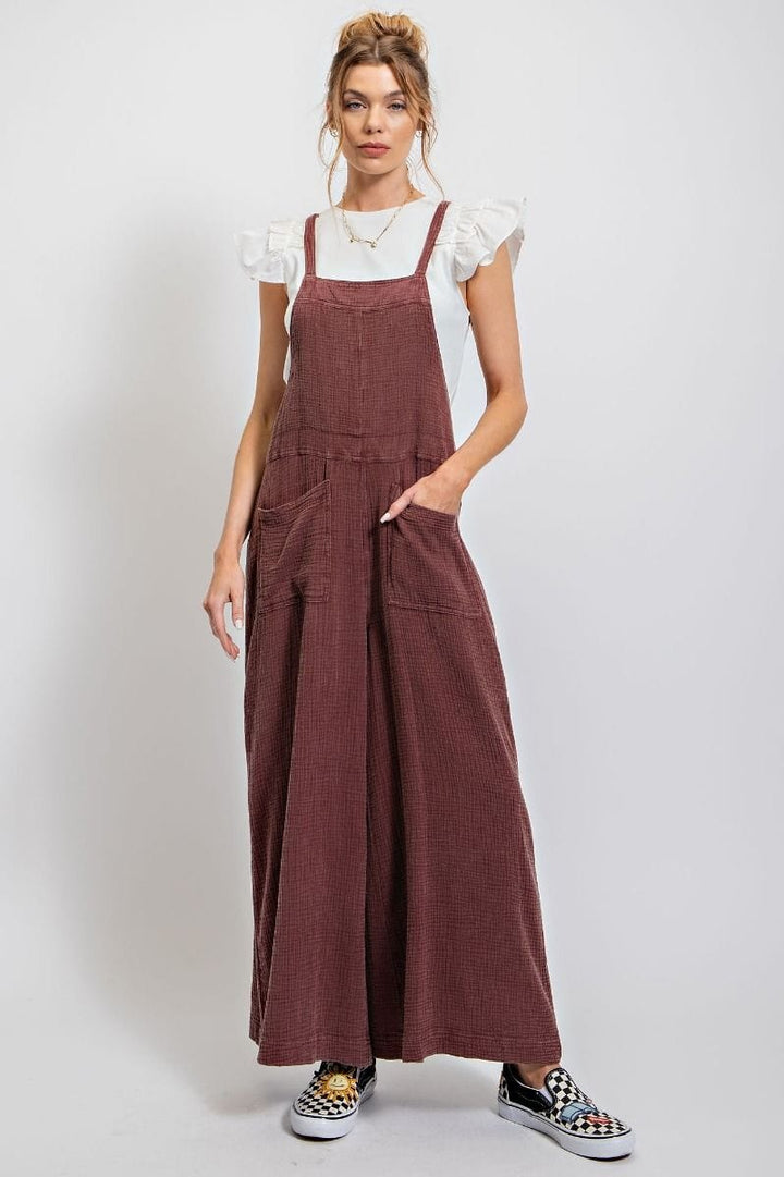 Easel Mineral Washed Cotton Gauze Wide Leg Jumpsuit