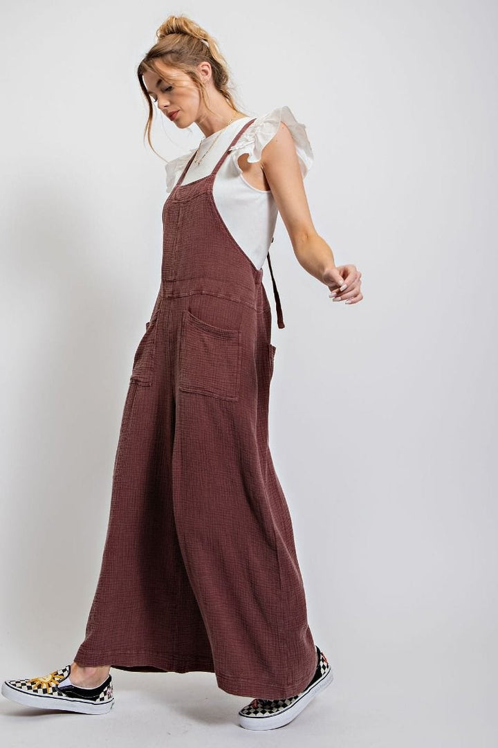 Easel Mineral Washed Cotton Gauze Wide Leg Jumpsuit Romper