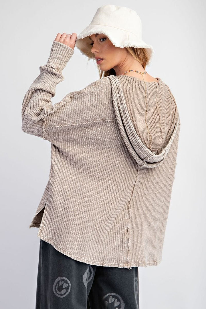 Easel Mineral Washed Defined Raw Seam Novelty Rib Knit Hoodie Pullover