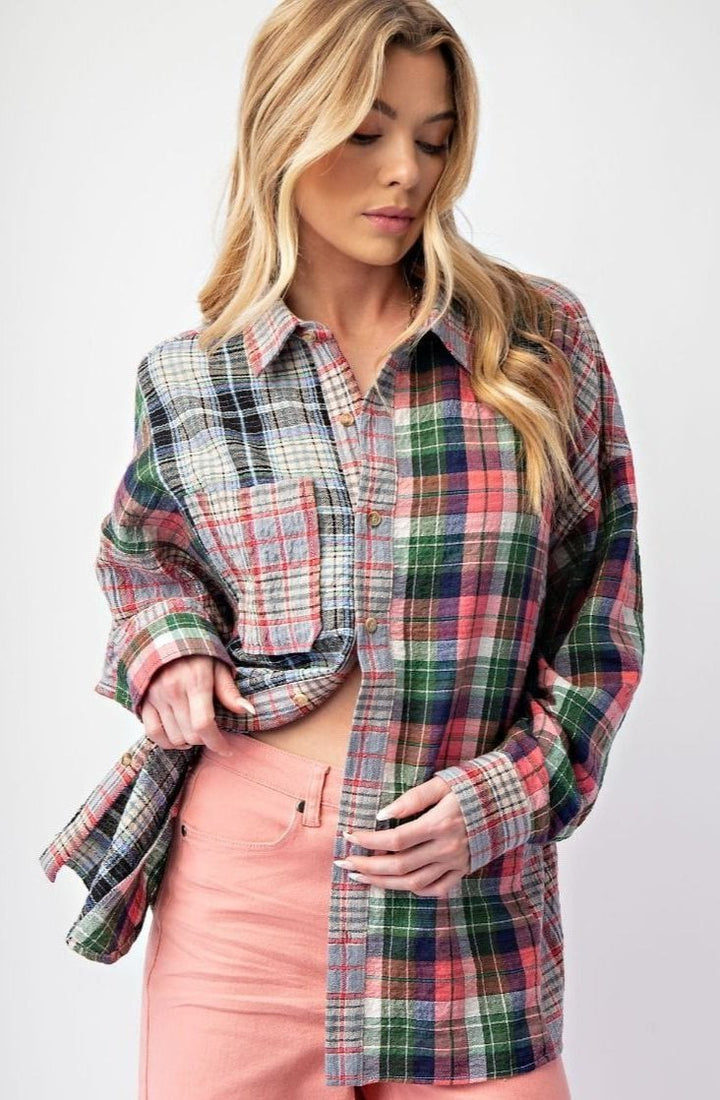 Easel Mixed Plaid Button Down Top with Front Chest Pocket