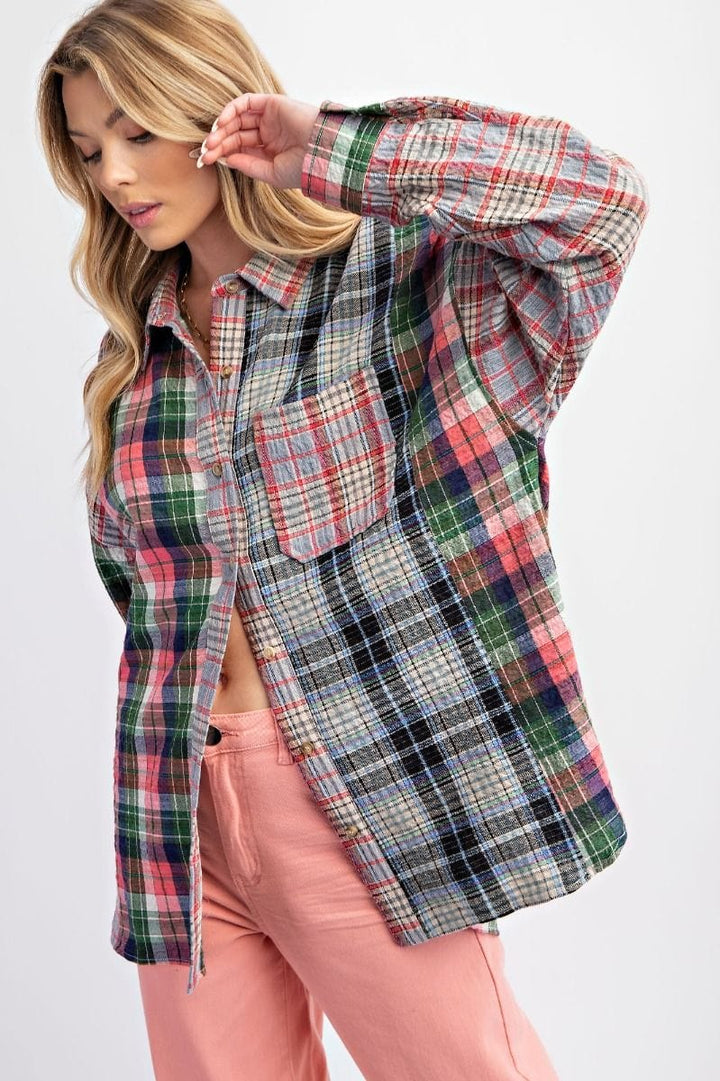 Easel Mixed Plaid Button Down Top with Front Chest Pocket