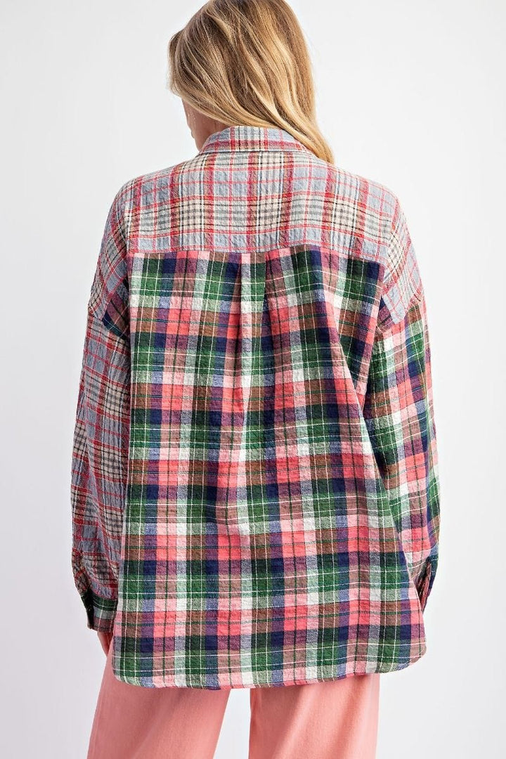 Easel Mixed Plaid Button Down Top with Front Chest Pocket