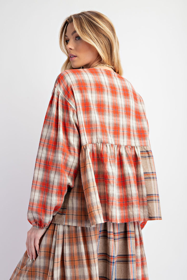 Easel Plaid Mix V-Neck Long Sleeve Babydoll Top