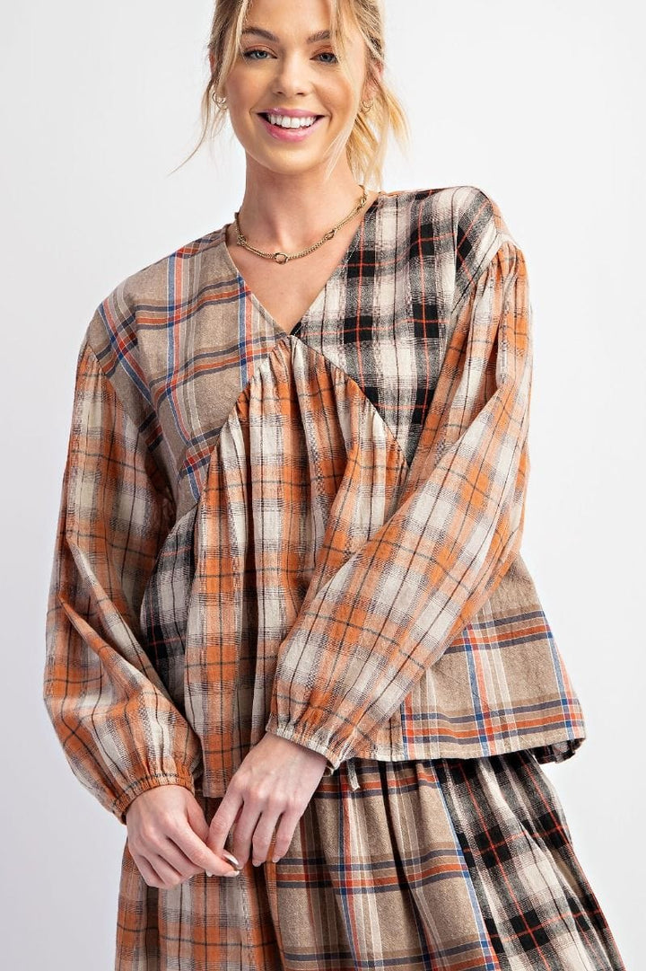 Easel Plaid Mix V-Neck Long Sleeve Babydoll Top