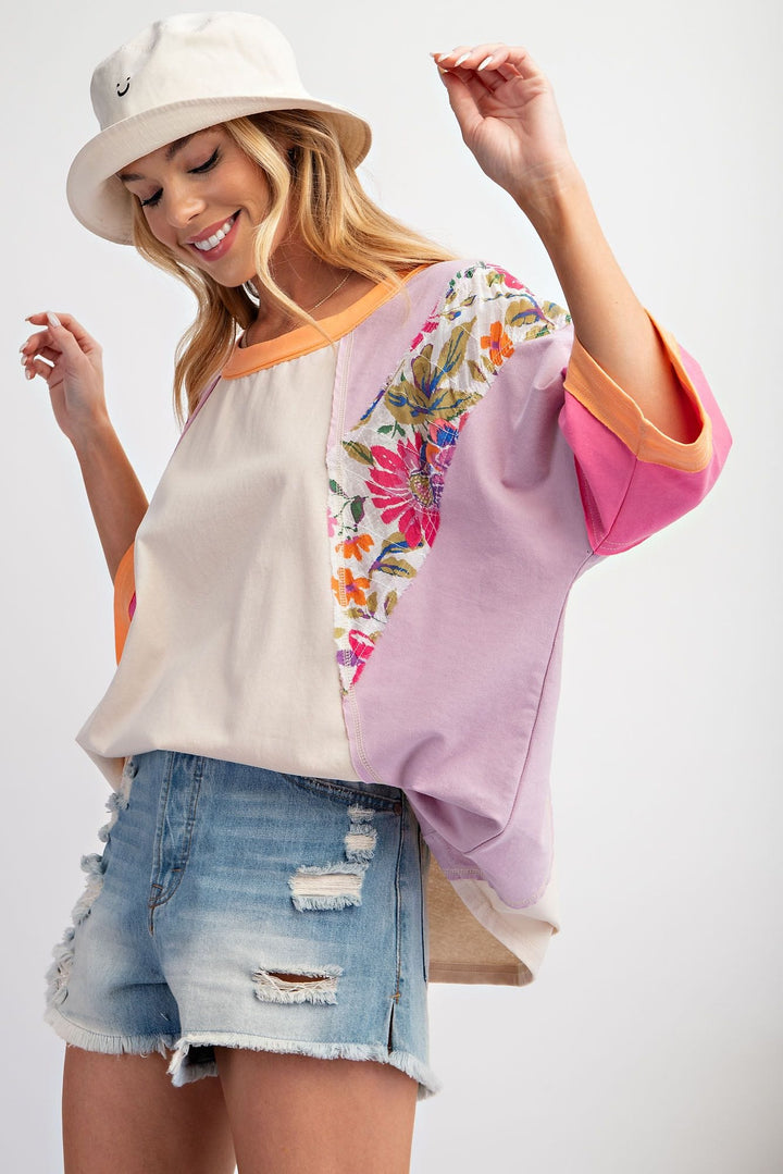 Easel Print Mix Color Block Drop Shoulder Top