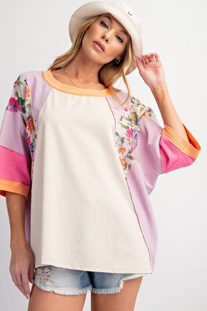 Easel Print Mix Color Block Drop Shoulder Top