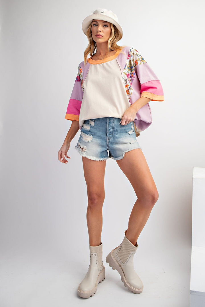 Easel Print Mix Color Block Drop Shoulder Top