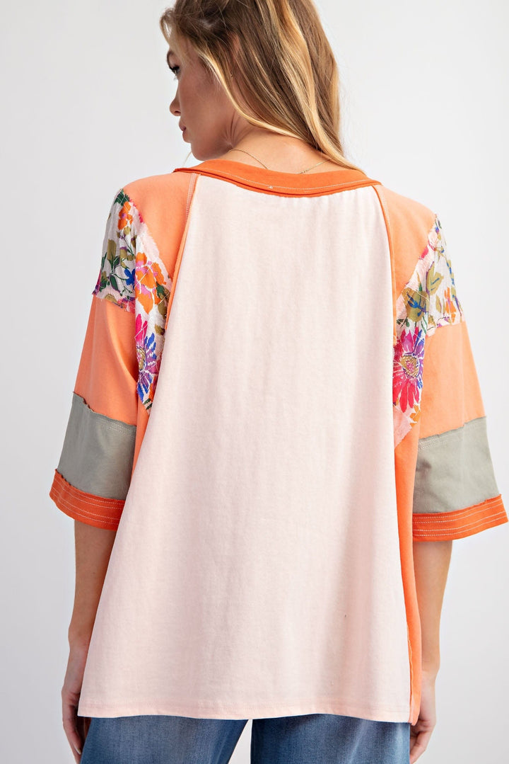 Easel Print Mix Color Block Drop Shoulder Top