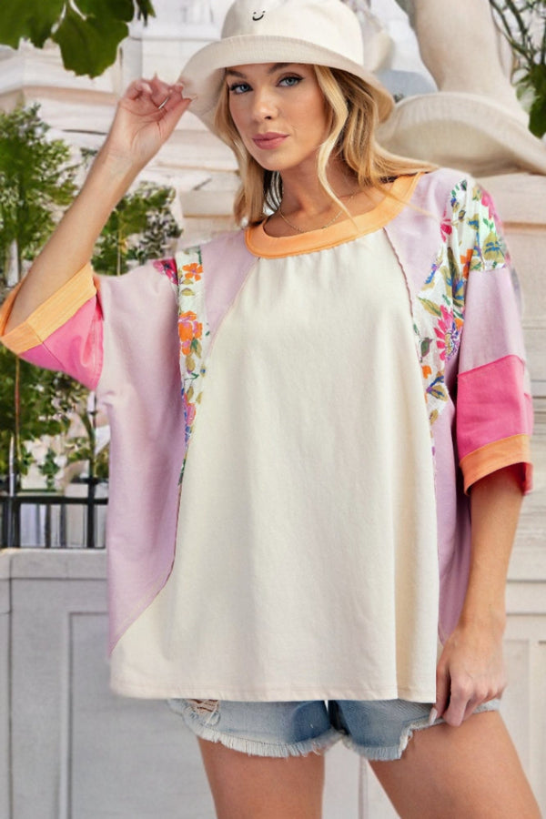 Easel Print Mix Color Block Drop Shoulder Top