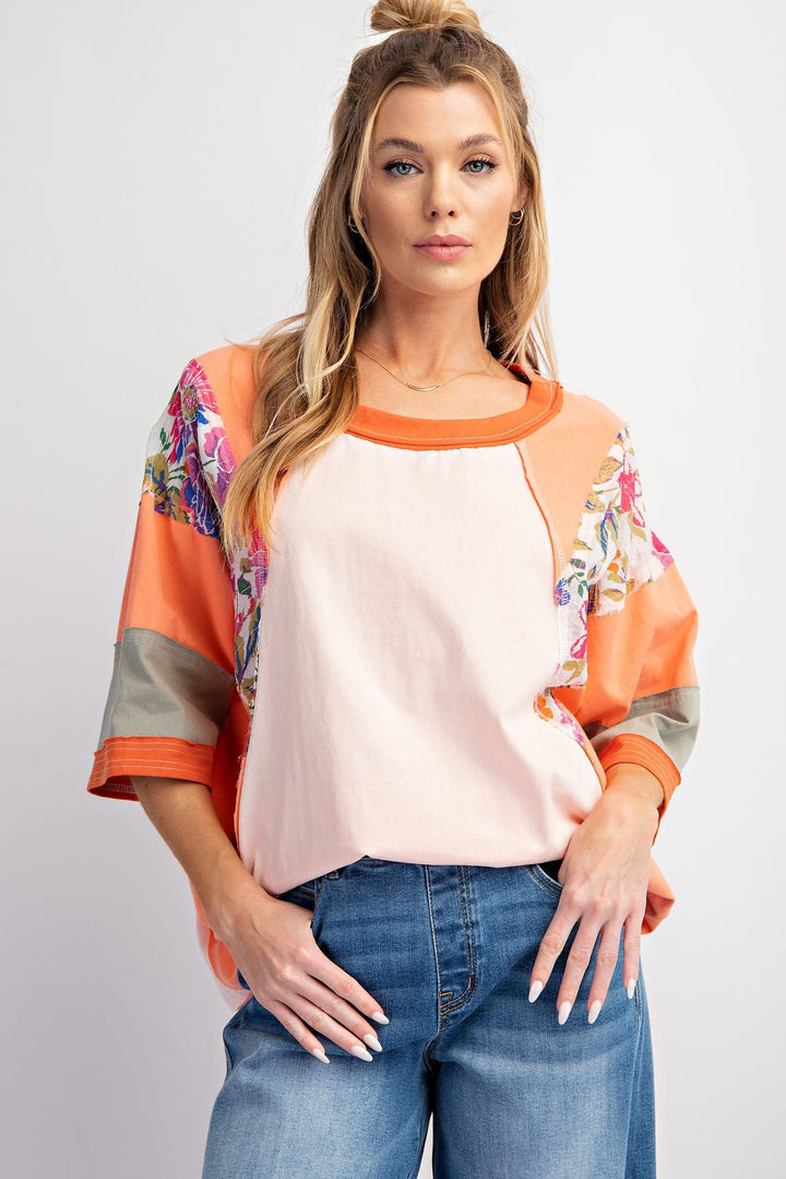 Easel Print Mix Color Block Drop Shoulder Top