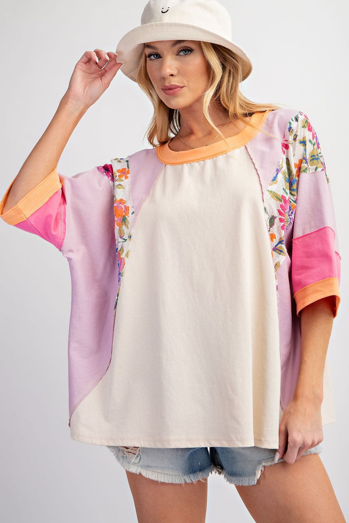 Easel Print Mix Color Block Drop Shoulder Top