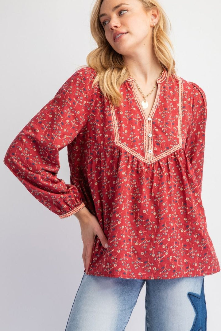 Easel Printed Voile Boho Tapered Babydoll Tunic