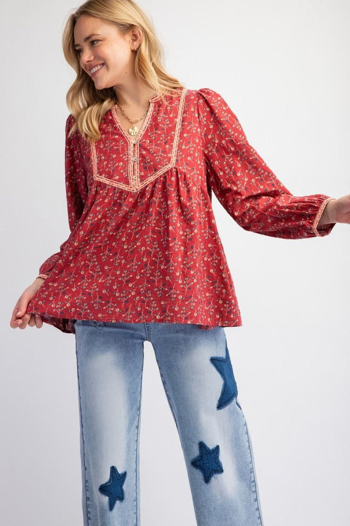 Easel Printed Voile Boho Tapered Babydoll Tunic