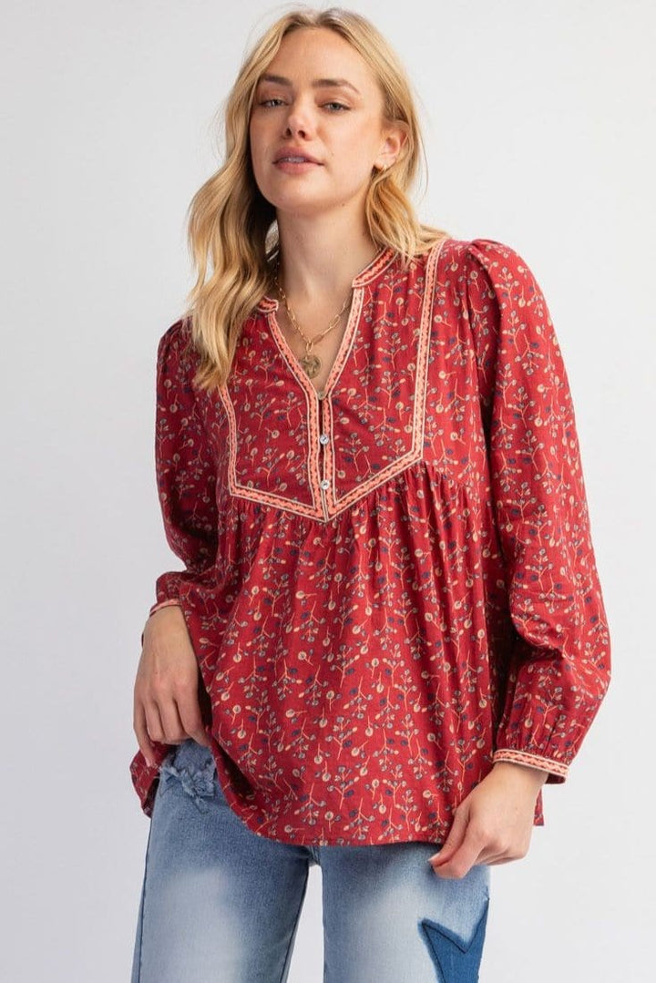 Easel Printed Voile Boho Tapered Babydoll Tunic