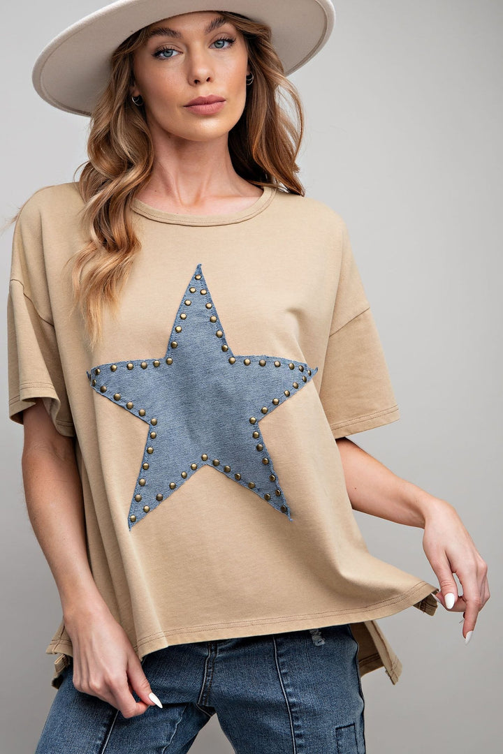 Easel Short Sleeve Star Patch Attached Mineral Washed Loose Fit Knit Top