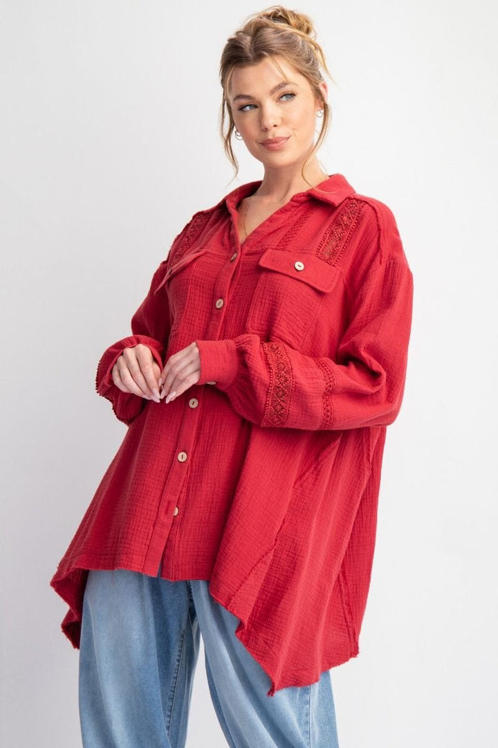 Easel Soft Washed Cotton Gauze Button Down Top