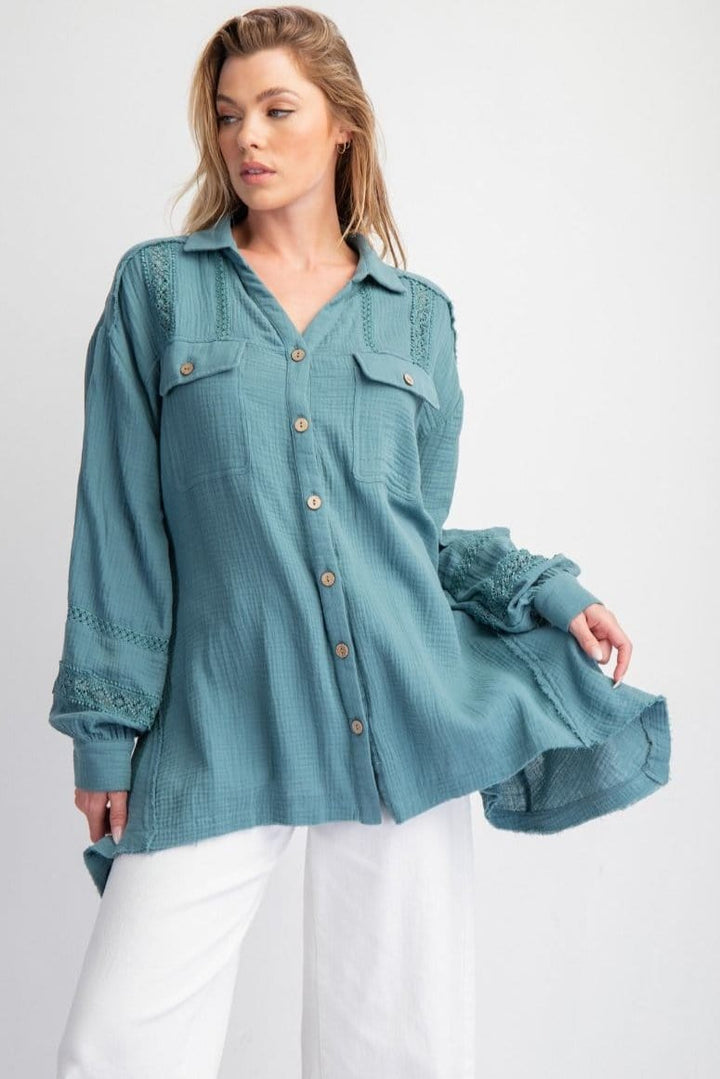 Easel Soft Washed Cotton Gauze Button Down Top