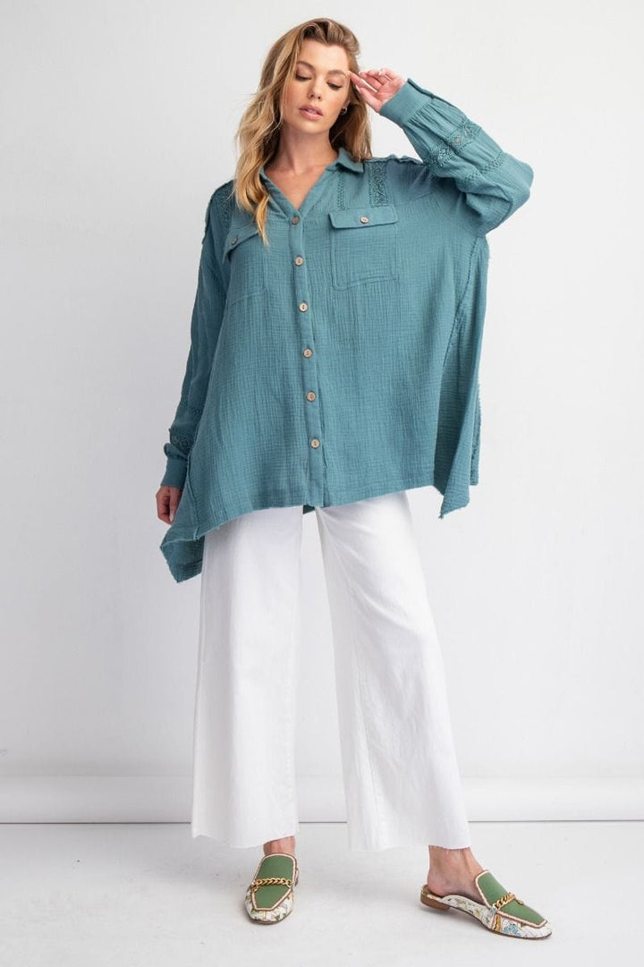 Easel Soft Washed Cotton Gauze Button Down Top