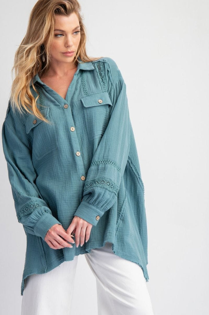 Easel Soft Washed Cotton Gauze Button Down Top