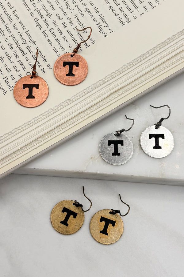 Engraved Power T Rustic Coin Dangle Earrings