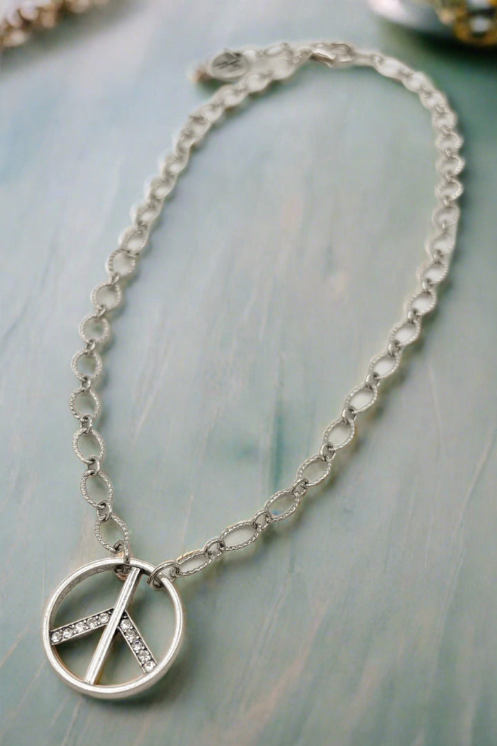 Etched Cable Chain with Embellished Peace Pendant Necklace