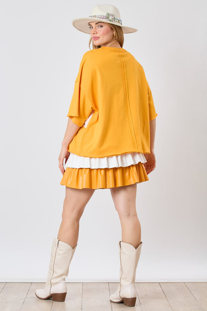 Fantastic Fawn Color Block Loose Fit Short Sleeve Top with Sequin Embroidered "Touch Down"