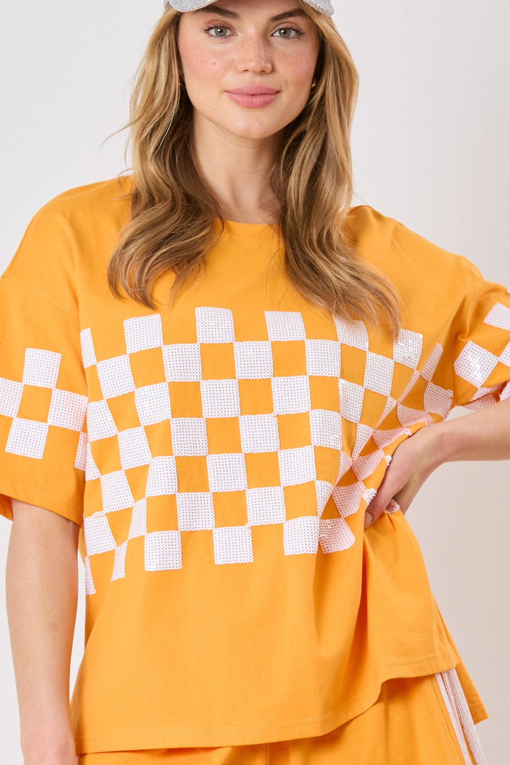 Fantastic Fawn French Terry Sequin Checkerboard Short Sleeve Loose Fit Top