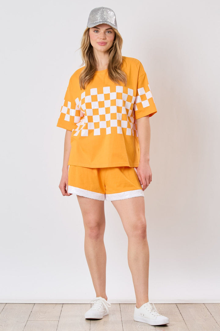 Fantastic Fawn French Terry Sequin Checkerboard Short Sleeve Loose Fit Top