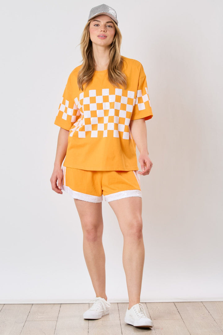 Fantastic Fawn French Terry Sequin Checkerboard Short Sleeve Loose Fit Top