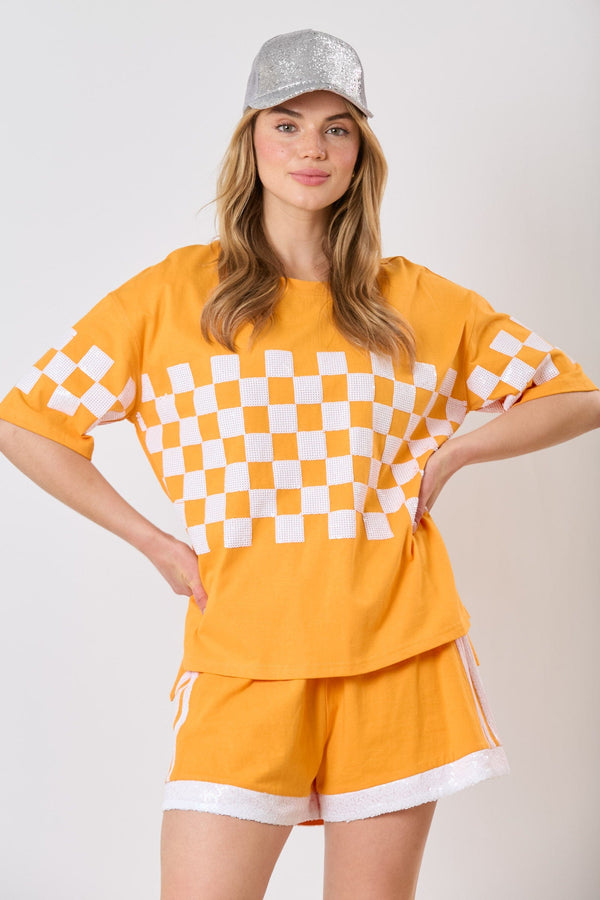 Fantastic Fawn French Terry Sequin Checkerboard Short Sleeve Loose Fit Top