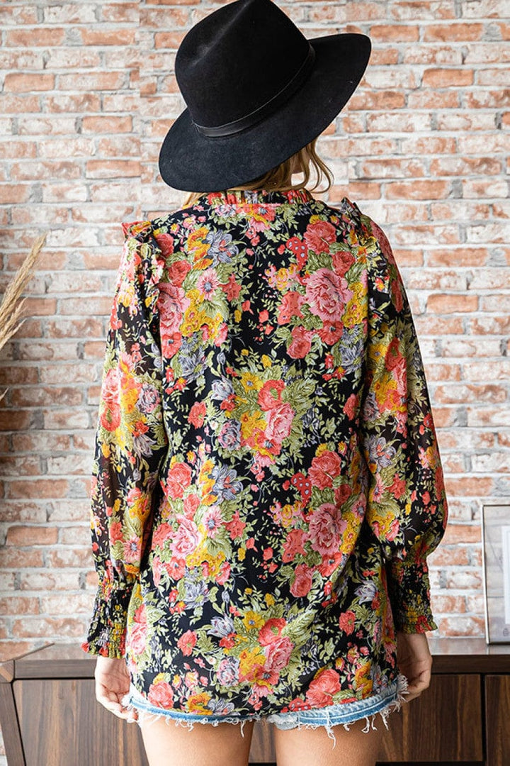 Floral Print Ruffled V Neck Blouse