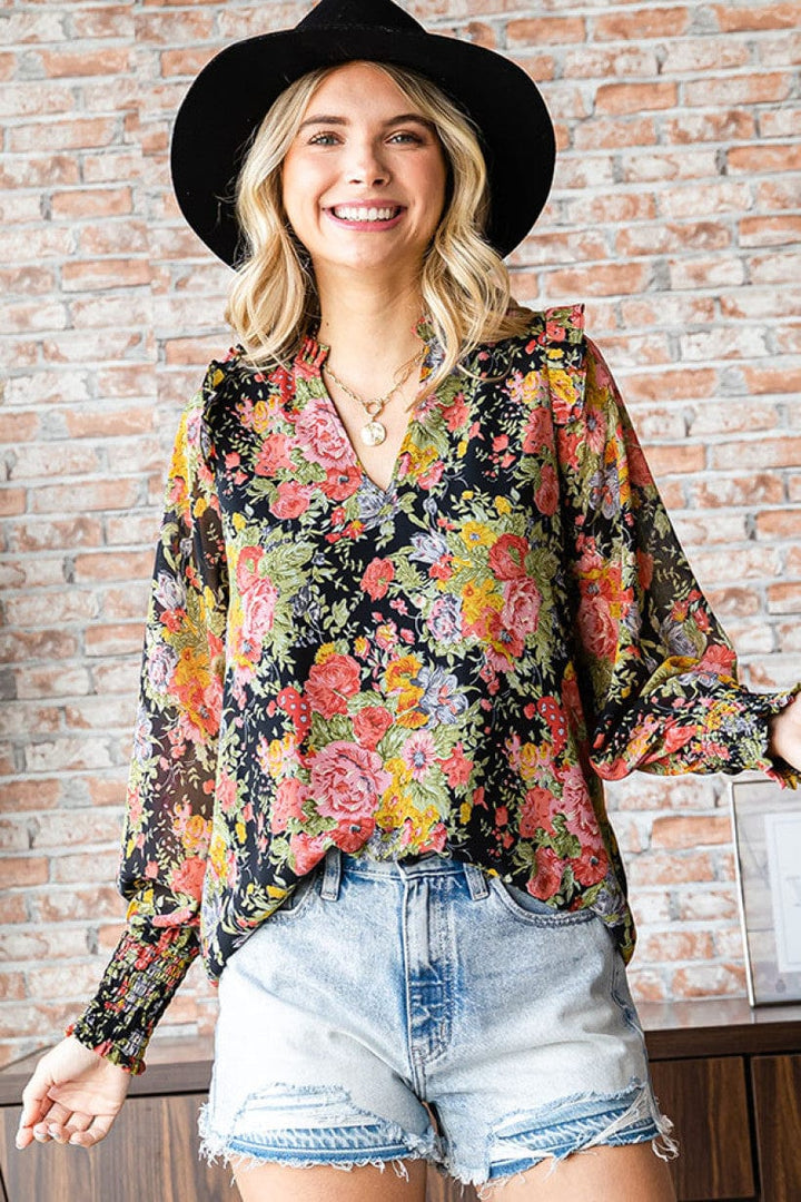 Floral Print Ruffled V Neck Blouse