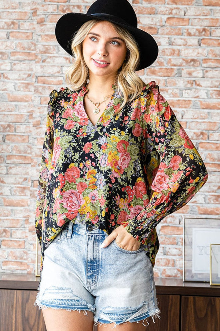 Floral Print Ruffled V Neck Blouse