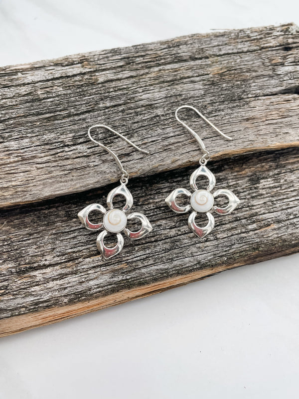 Flower Shape with Shell Charm Center Drop Earrings