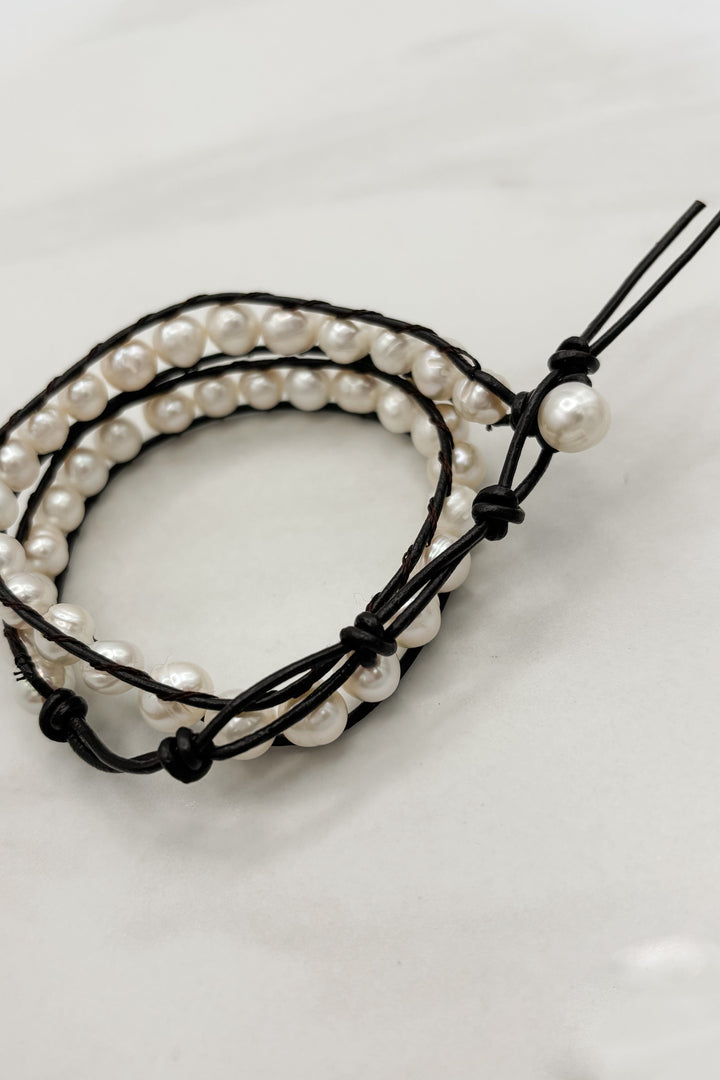 Freshwater Pearl Strand and Leather Double Wrap Bracelet