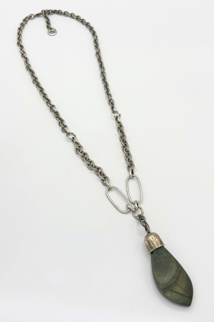 Genuine Jasper Stone Pointed Pendant on Mixed Chain Necklace